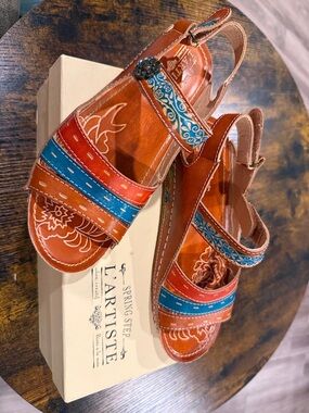 L'ATISTE Orange Leather Sandals with Blue and Red Accents